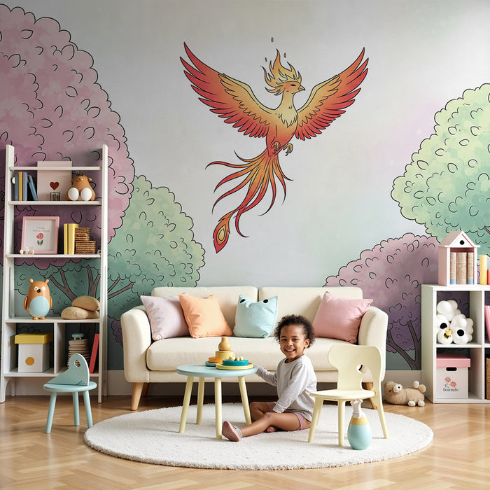 Kinderzimmer Tapete | Flammender Phönix inmitten bunter Bäume