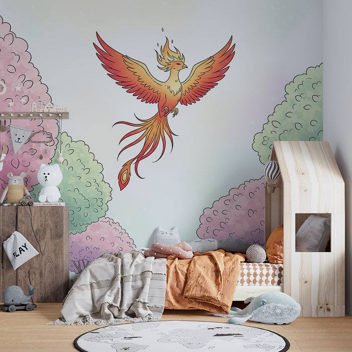 Kinderzimmer Tapete | Flammender Phönix inmitten bunter Bäume