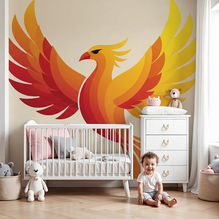 Kinderzimmer Tapete | Flammender Phönix in lebendigen Farben