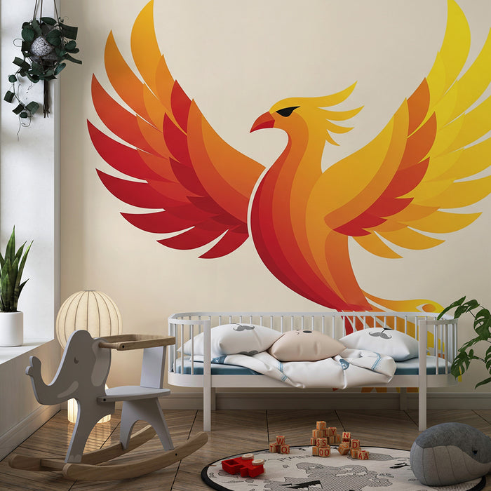 Kinderzimmer Tapete | Flammender Phönix in lebendigen Farben