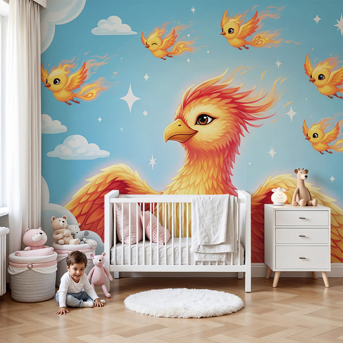 Kinderzimmer Tapete | Flammender Phönix und kleine Feuervögel am blauen Himmel