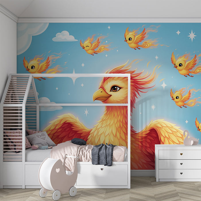 Kinderzimmer Tapete | Flammender Phönix und kleine Feuervögel am blauen Himmel