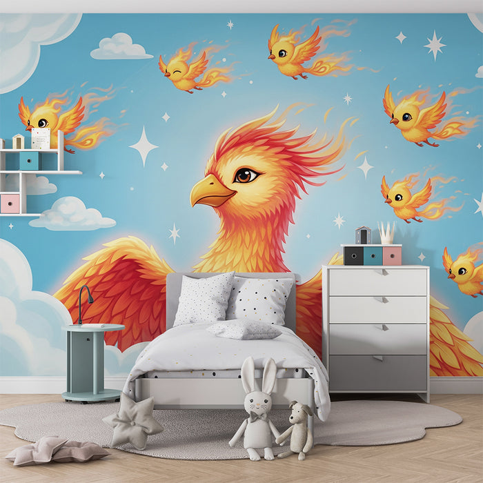 Kinderzimmer Tapete | Flammender Phönix und kleine Feuervögel am blauen Himmel