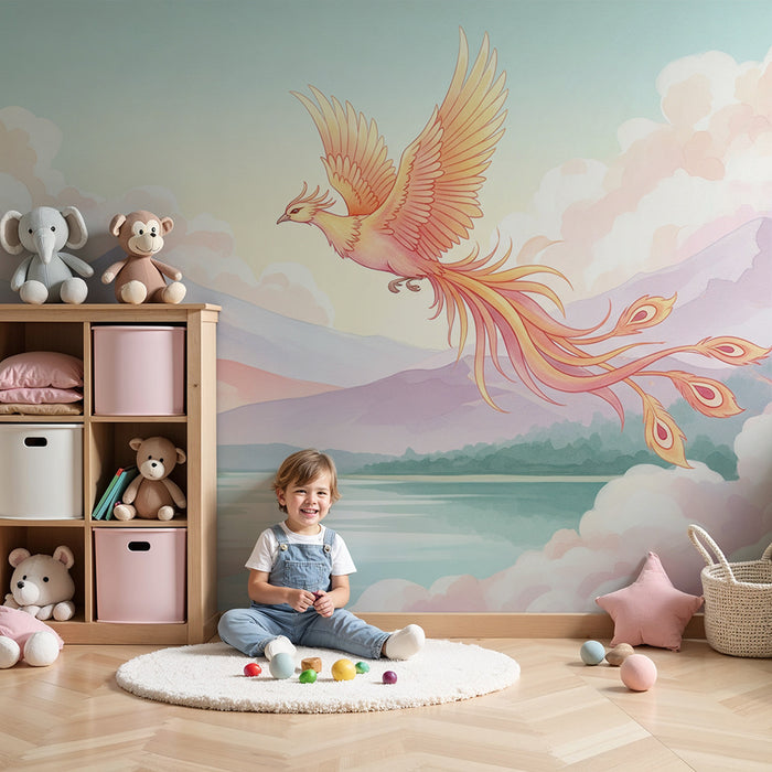 Papel de parede criança | Fénix majestosa sobre fundo de montanhas pastel