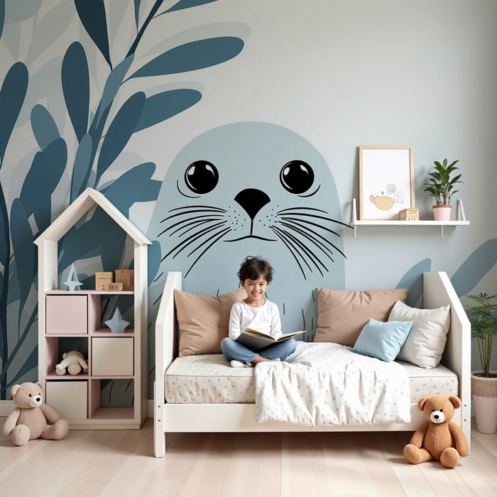 Papier peint chambre enfant | Phoque adorable et feuillage aquatique
