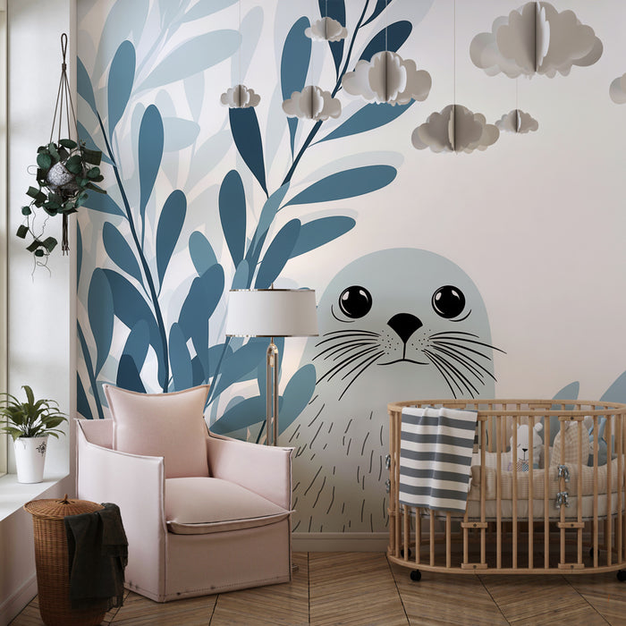 Papier peint chambre enfant | Phoque adorable et feuillage aquatique