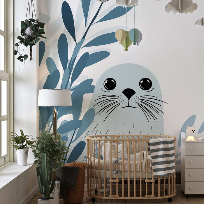 Papier peint chambre enfant | Phoque adorable et feuillage aquatique