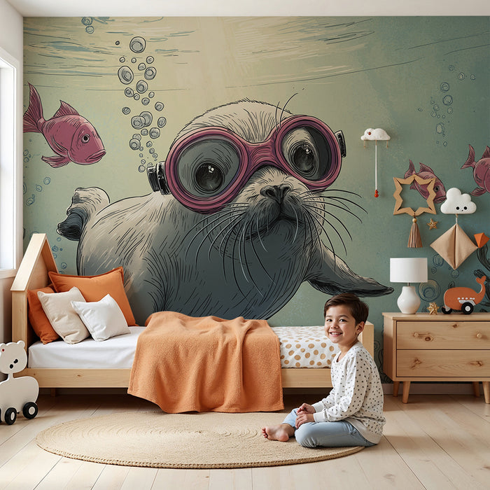Papel de parede criança | Foca aventureira submarina com peixes coloridos
