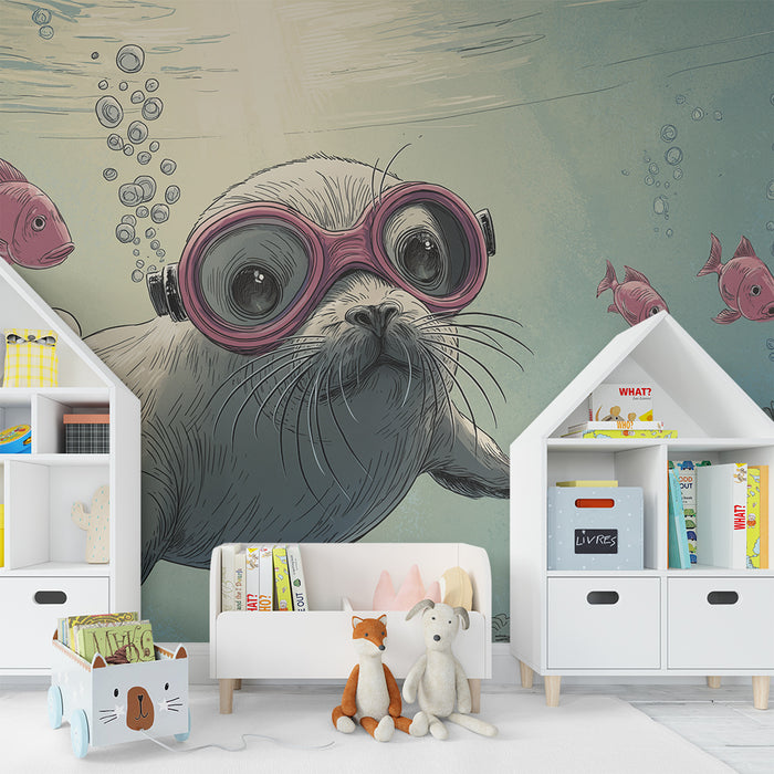 Papel de parede criança | Foca aventureira submarina com peixes coloridos