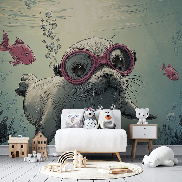 Papel de parede criança | Foca aventureira submarina com peixes coloridos