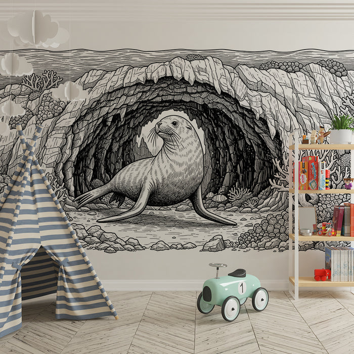 Papel pintado infantil | Foca en una cueva submarina con corales de colores