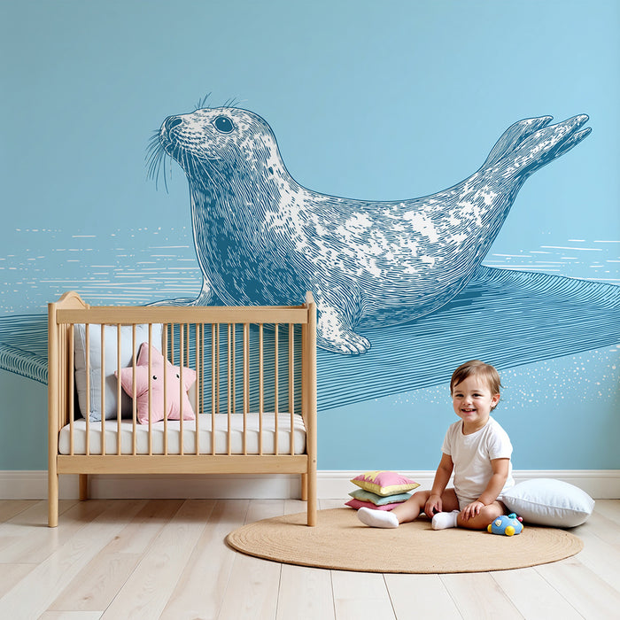 Papel de parede criança | Foca brincalhona em fundo azul aquático