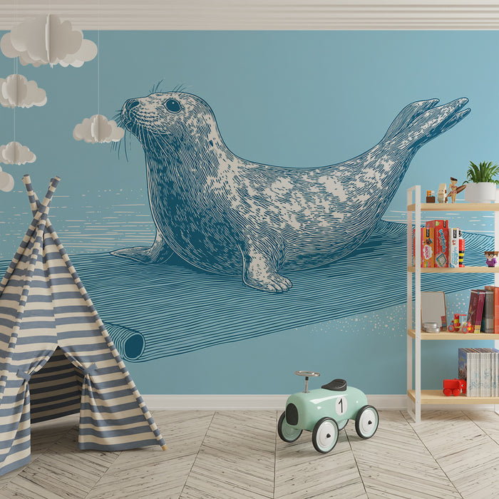 Papel de parede criança | Foca brincalhona em fundo azul aquático