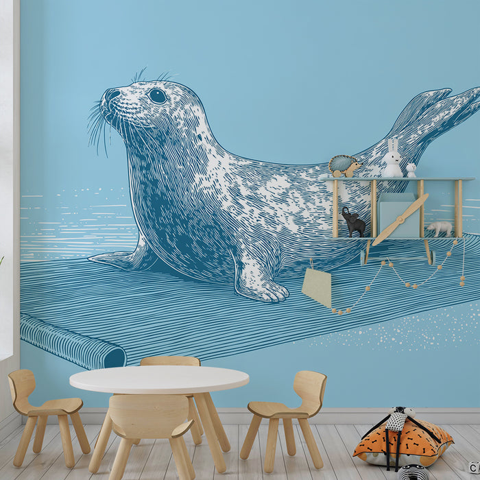 Papel de parede criança | Foca brincalhona em fundo azul aquático