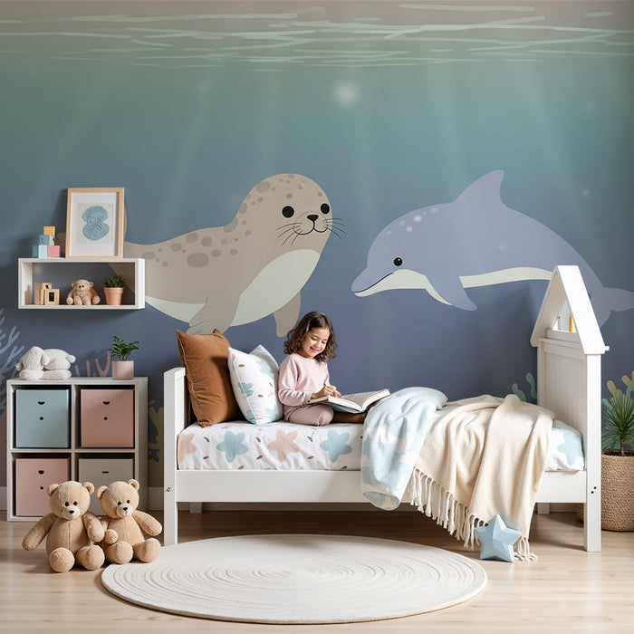 Kinderzimmer Tapete | Seehund und Delfin in einer bunten Unterwasserwelt