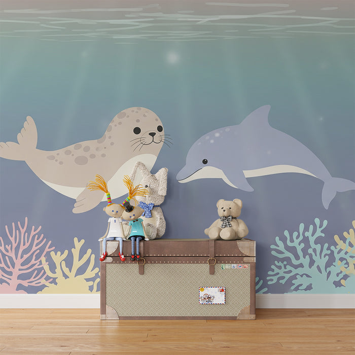 Kinderzimmer Tapete | Seehund und Delfin in einer bunten Unterwasserwelt