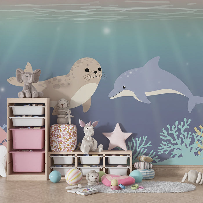 Kinderzimmer Tapete | Seehund und Delfin in einer bunten Unterwasserwelt
