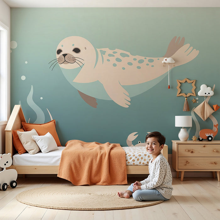 Gyermekszoba tapéta | Játékos fóka és tengeri rákok víz alatti díszítésben