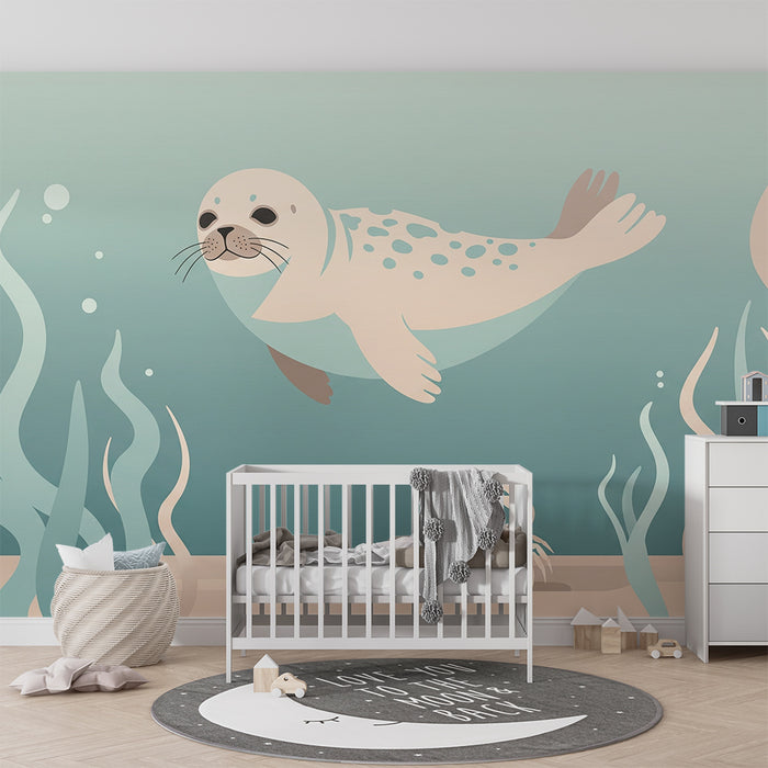 Gyermekszoba tapéta | Játékos fóka és tengeri rákok víz alatti díszítésben