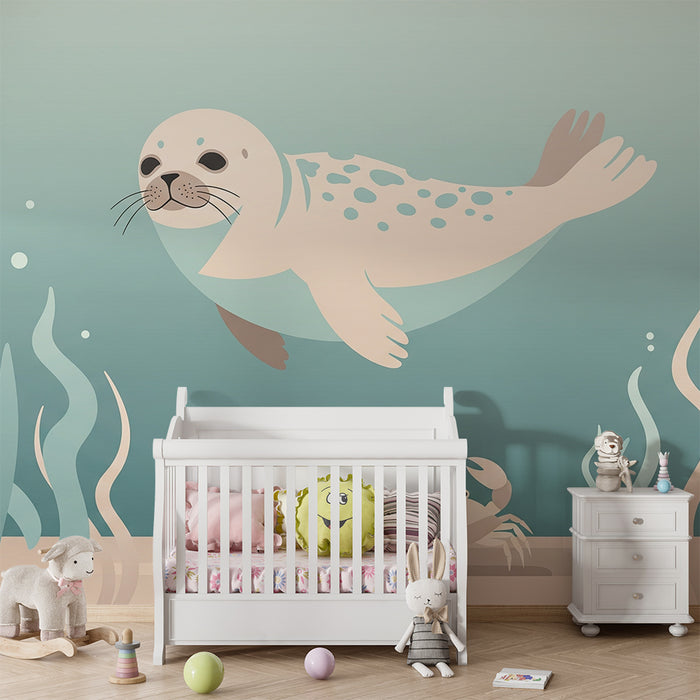 Gyermekszoba tapéta | Játékos fóka és tengeri rákok víz alatti díszítésben