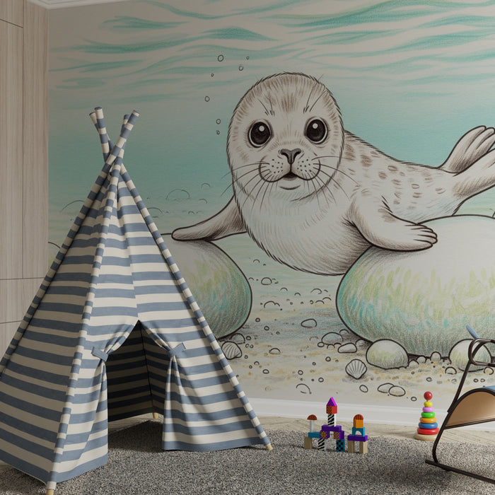 Papier peint chambre enfant | Phoque joueur et océan enchanteur