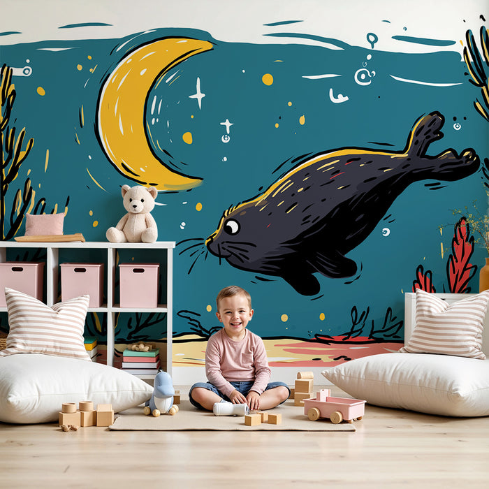 Kinderzimmer Tapete | Spielender Seehund unter dem Mond in einer bunten Unterwasserwelt