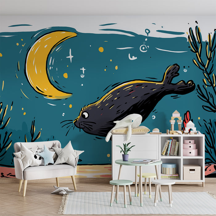 Kinderzimmer Tapete | Spielender Seehund unter dem Mond in einer bunten Unterwasserwelt