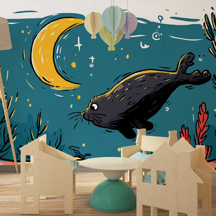 Kinderzimmer Tapete | Spielender Seehund unter dem Mond in einer bunten Unterwasserwelt
