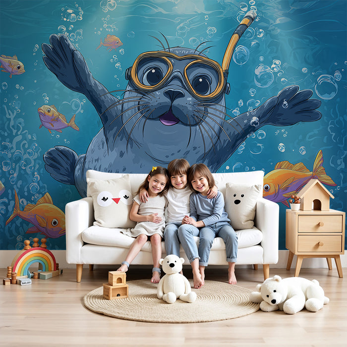 Kids room wallpaper | Playful underwater seal with colorful fish