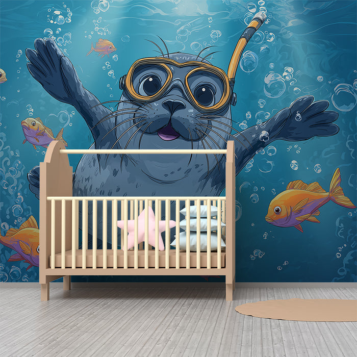 Kids room wallpaper | Playful underwater seal with colorful fish