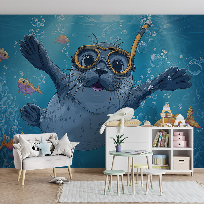 Kids room wallpaper | Playful underwater seal with colorful fish