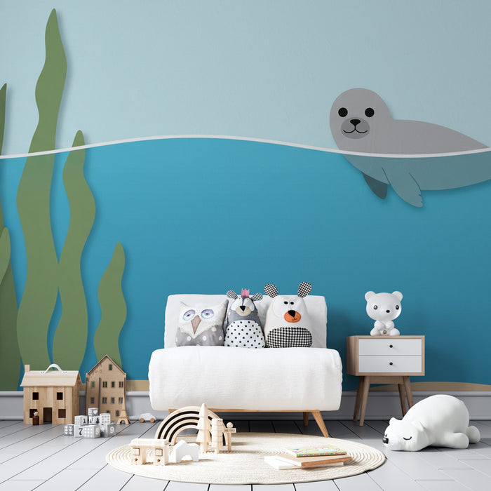 Papel de parede criança | Foca lúdica e oceano tranquilo