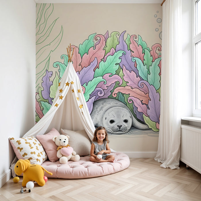 Papel pintado infantil | Foca linda y algas coloridas submarinas