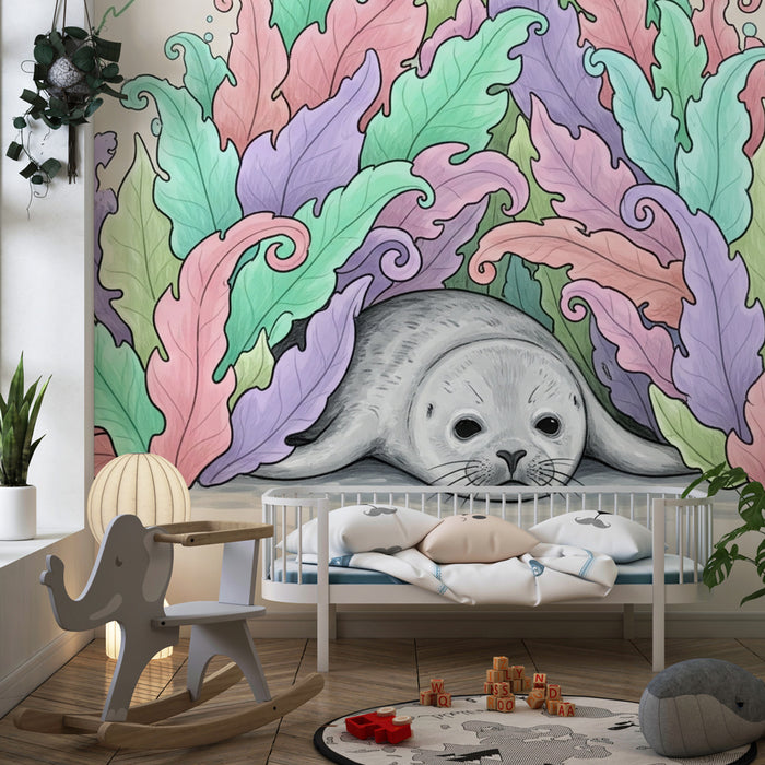 Papel pintado infantil | Foca linda y algas coloridas submarinas