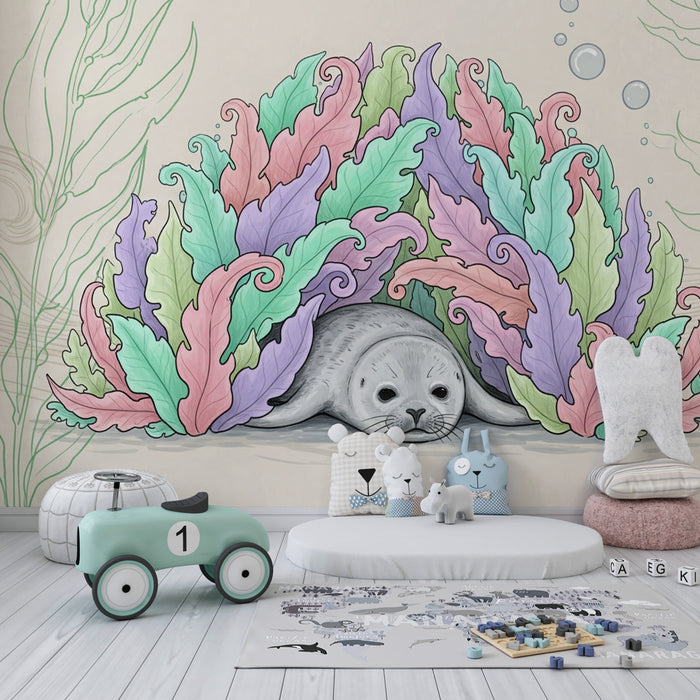 Papel pintado infantil | Foca linda y algas coloridas submarinas