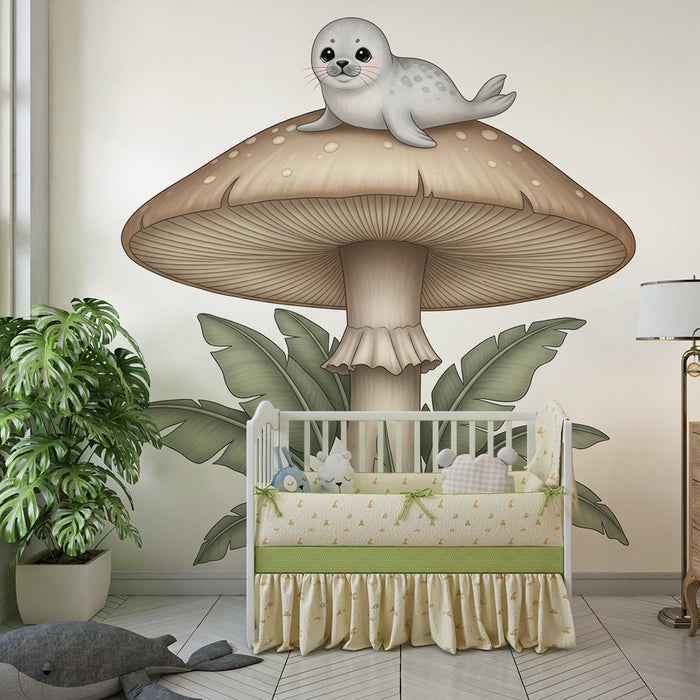 Tapety dla dzieci | Urocza foka na gigantycznym grzybie
