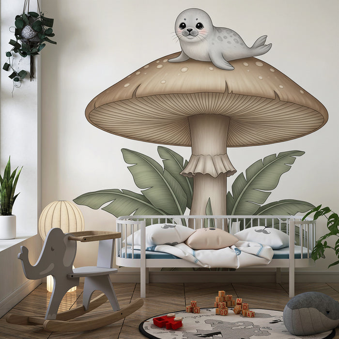 Tapety dla dzieci | Urocza foka na gigantycznym grzybie