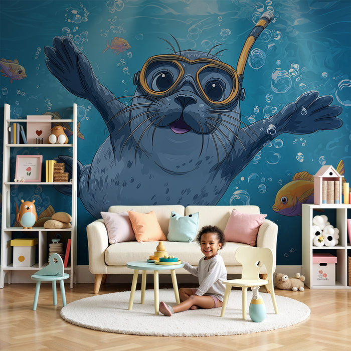 Kids room wallpaper | Diving seal surrounded by colorful fish