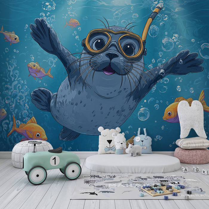 Kids room wallpaper | Diving seal surrounded by colorful fish