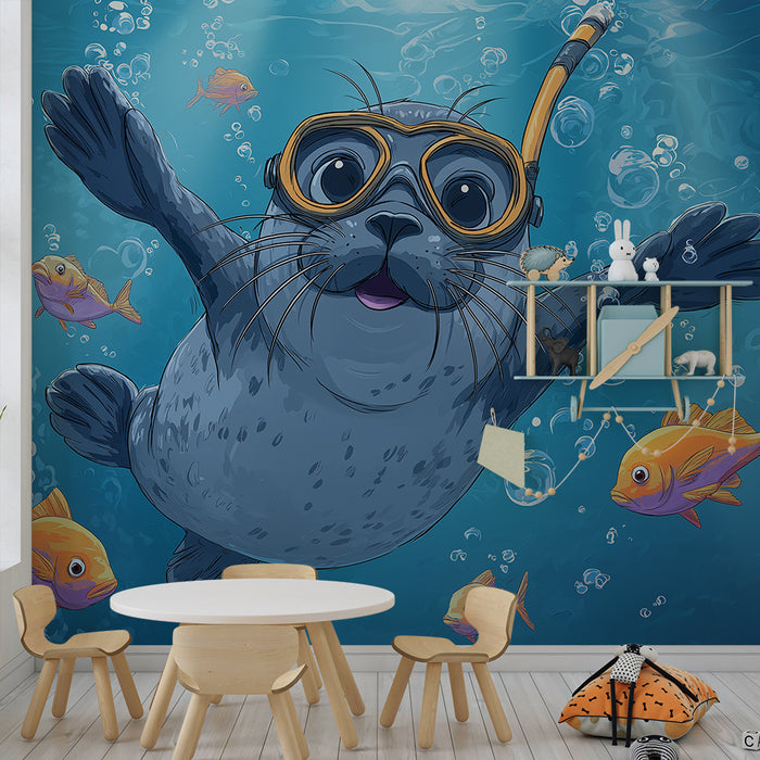 Kids room wallpaper | Diving seal surrounded by colorful fish