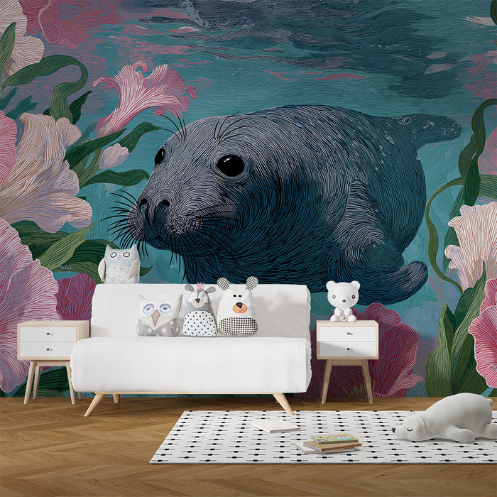 Barntapet | Säl omgiven av färgglada blommor under havet