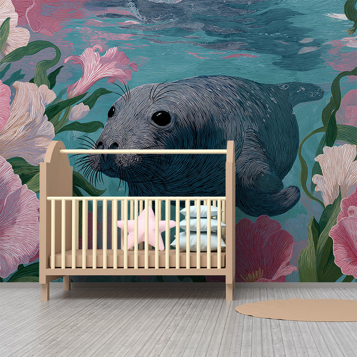 Barntapet | Säl omgiven av färgglada blommor under havet