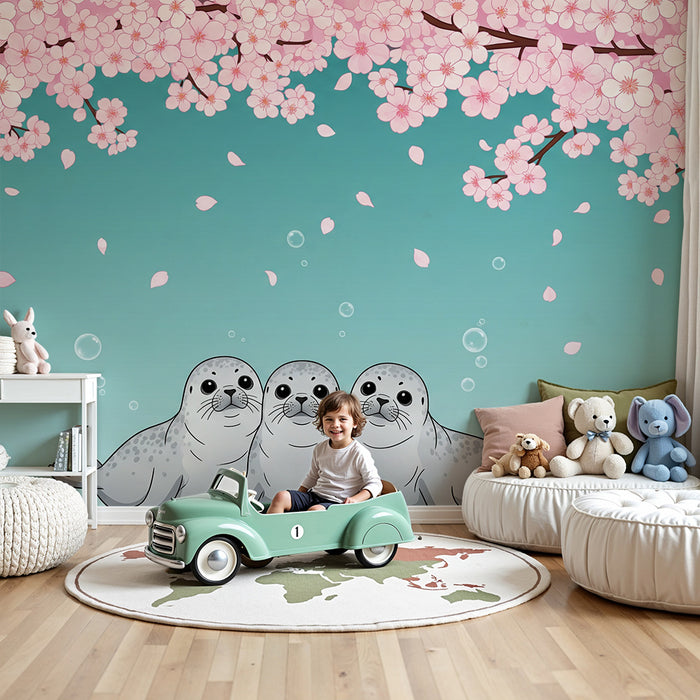 Papel de parede para quarto de criança | Focas felizes debaixo de uma cerejeira em flor