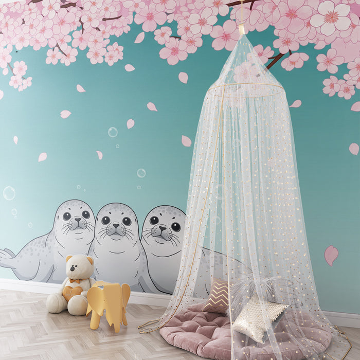 Papel de parede para quarto de criança | Focas felizes debaixo de uma cerejeira em flor