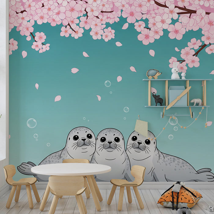 Papel de parede para quarto de criança | Focas felizes debaixo de uma cerejeira em flor