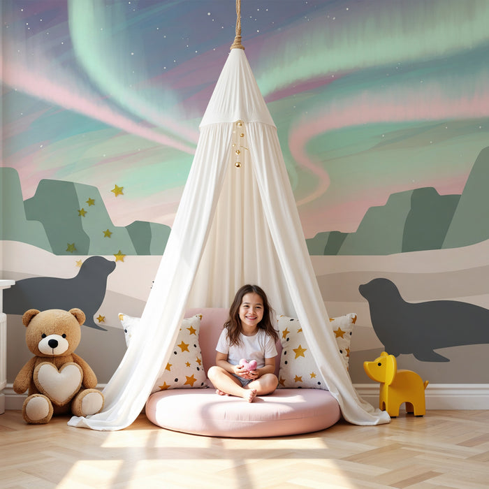 Papier peint chambre enfant | Phoques sous les aurores boréales
