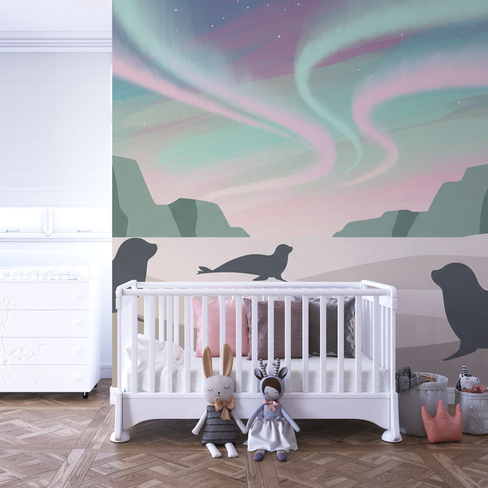 Papier peint chambre enfant | Phoques sous les aurores boréales