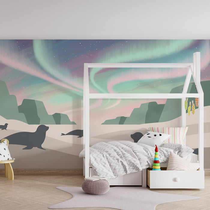 Papier peint chambre enfant | Phoques sous les aurores boréales