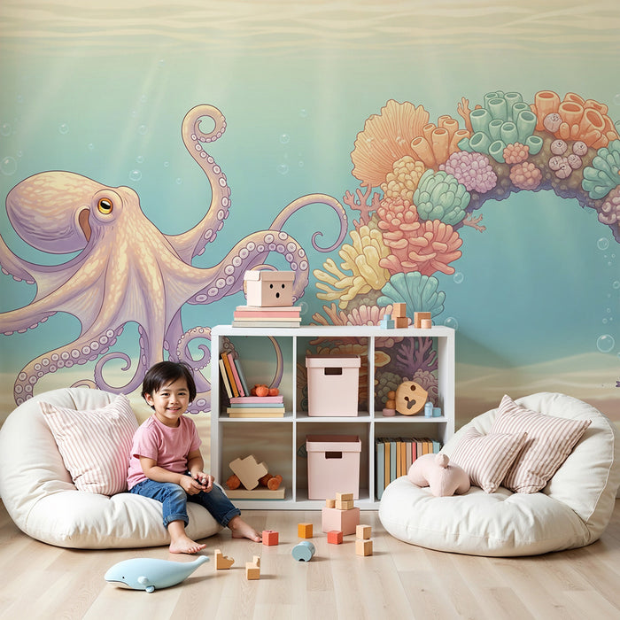 Children's bedroom wallpaper | Fun octopus among underwater corals