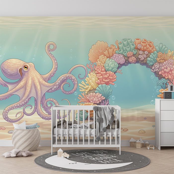 Children's bedroom wallpaper | Fun octopus among underwater corals